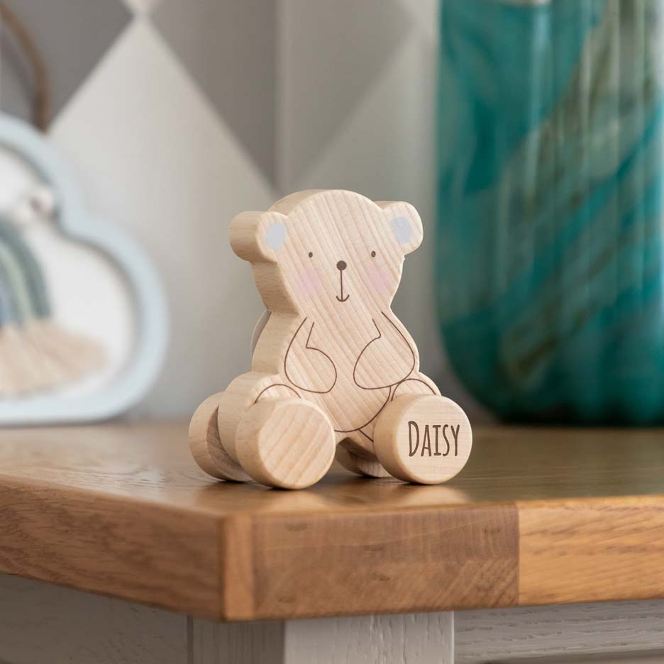 Personalised Wooden Push Toy Elephant Bear or Rabbit