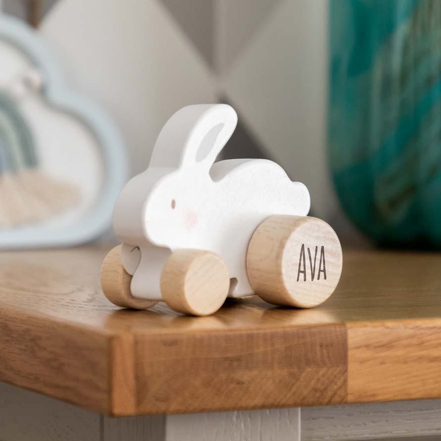 Personalised Wooden Push Toy Elephant Bear or Rabbit