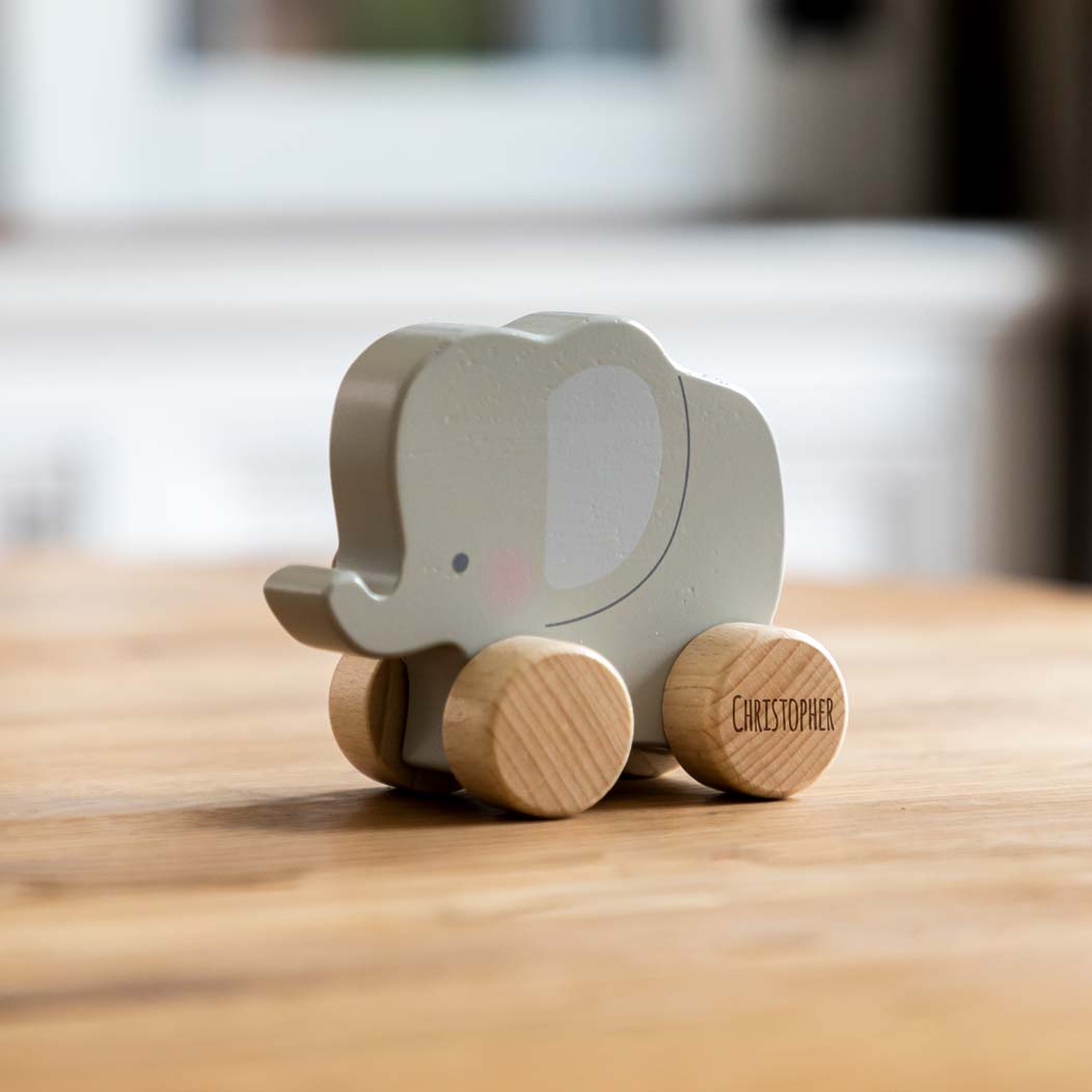 Personalised Wooden Push Toy Elephant Bear or Rabbit