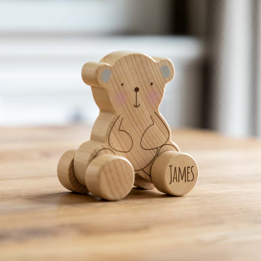 Personalised Wooden Push Toy Elephant Bear or Rabbit