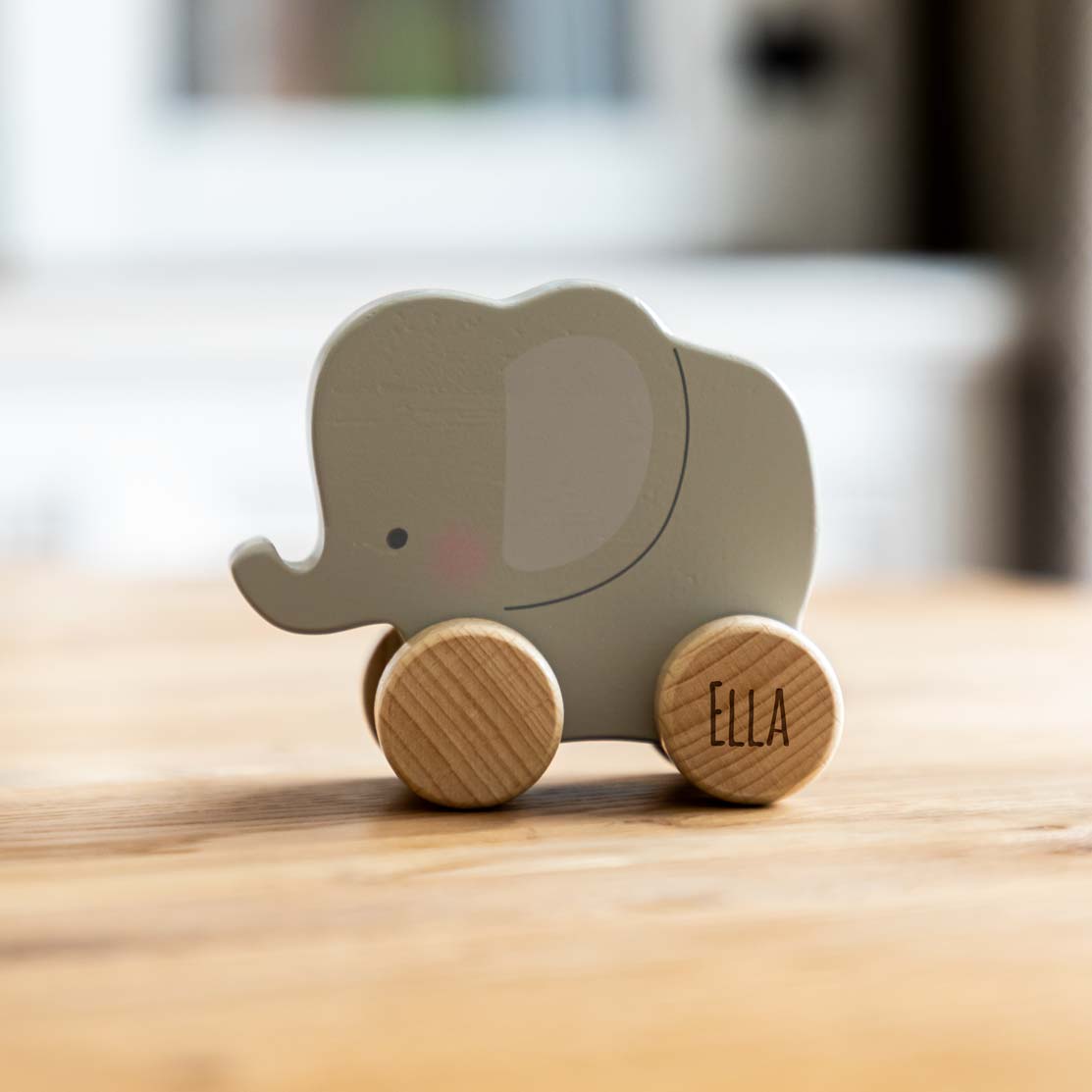 Personalised Wooden Push Toy Elephant Bear or Rabbit