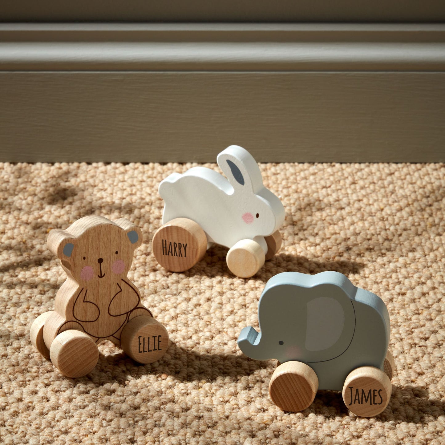 Personalised Wooden Push Toy Elephant Bear or Rabbit