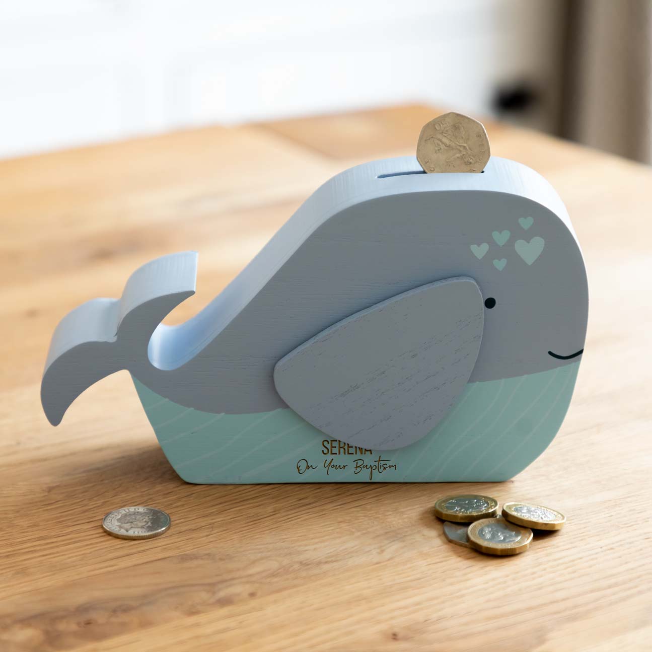 Personalised Whale Money Box For Christening Baptism Naming Day Gift
