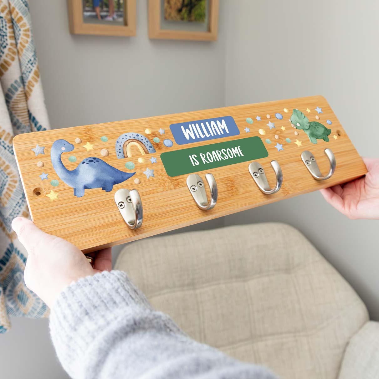 Personalised Dinosaur Wall Mounted Coat Hooks For Children's Bedroom