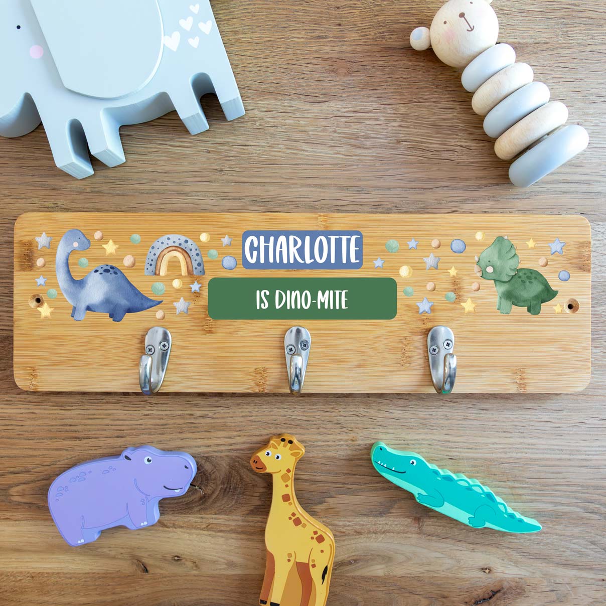Personalised Dinosaur Wall Mounted Coat Hooks For Children's Bedroom
