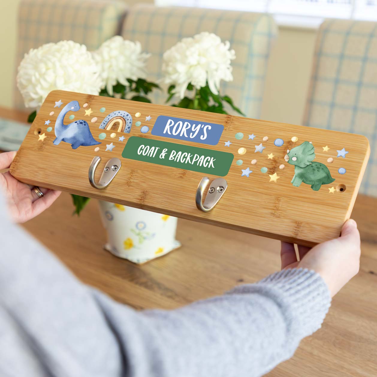 Personalised Dinosaur Wall Mounted Coat Hooks For Children's Bedroom