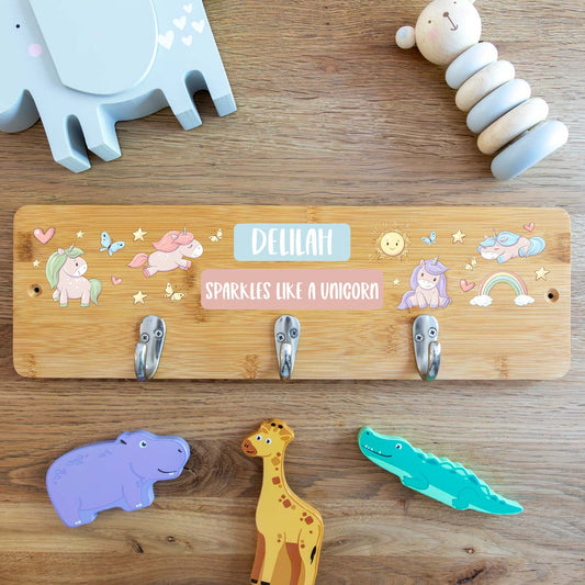 Personalised Unicorn Wall Mounted Coat Hooks For Children's Bedroom