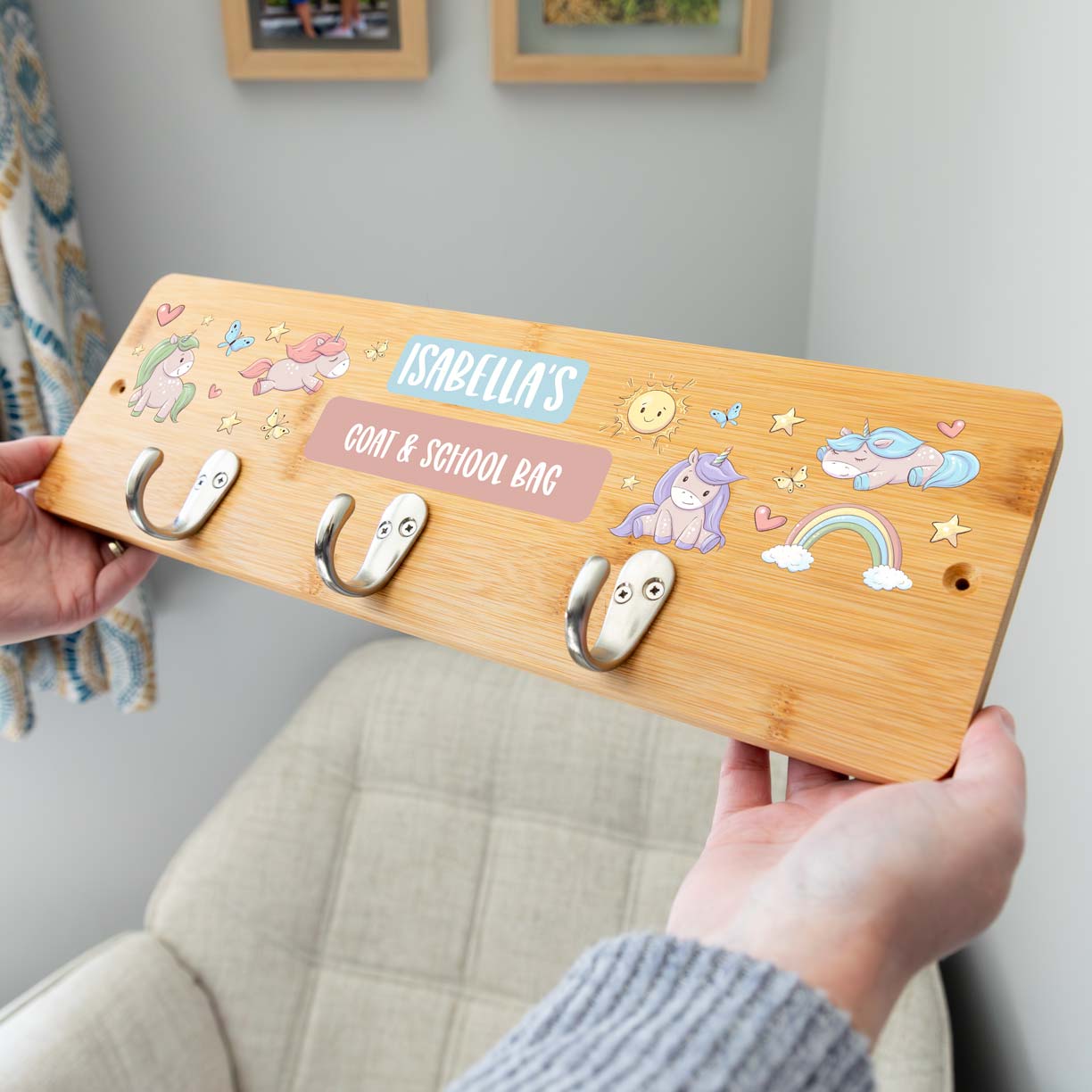 Personalised Unicorn Wall Mounted Coat Hooks For Children's Bedroom