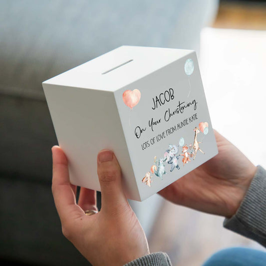 Personalised White Money Box For Christening Baptism Naming Day Gift
