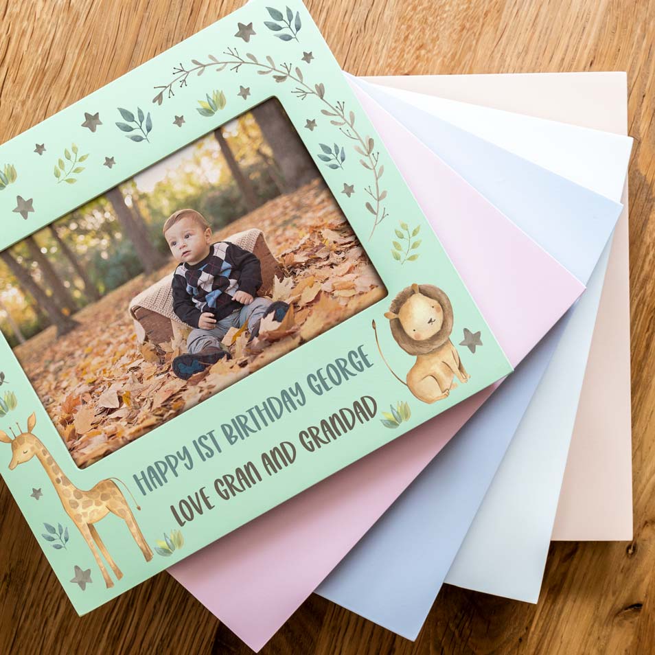 Personalised Jungle Animals Pastel Photo Frame New Baby Gift