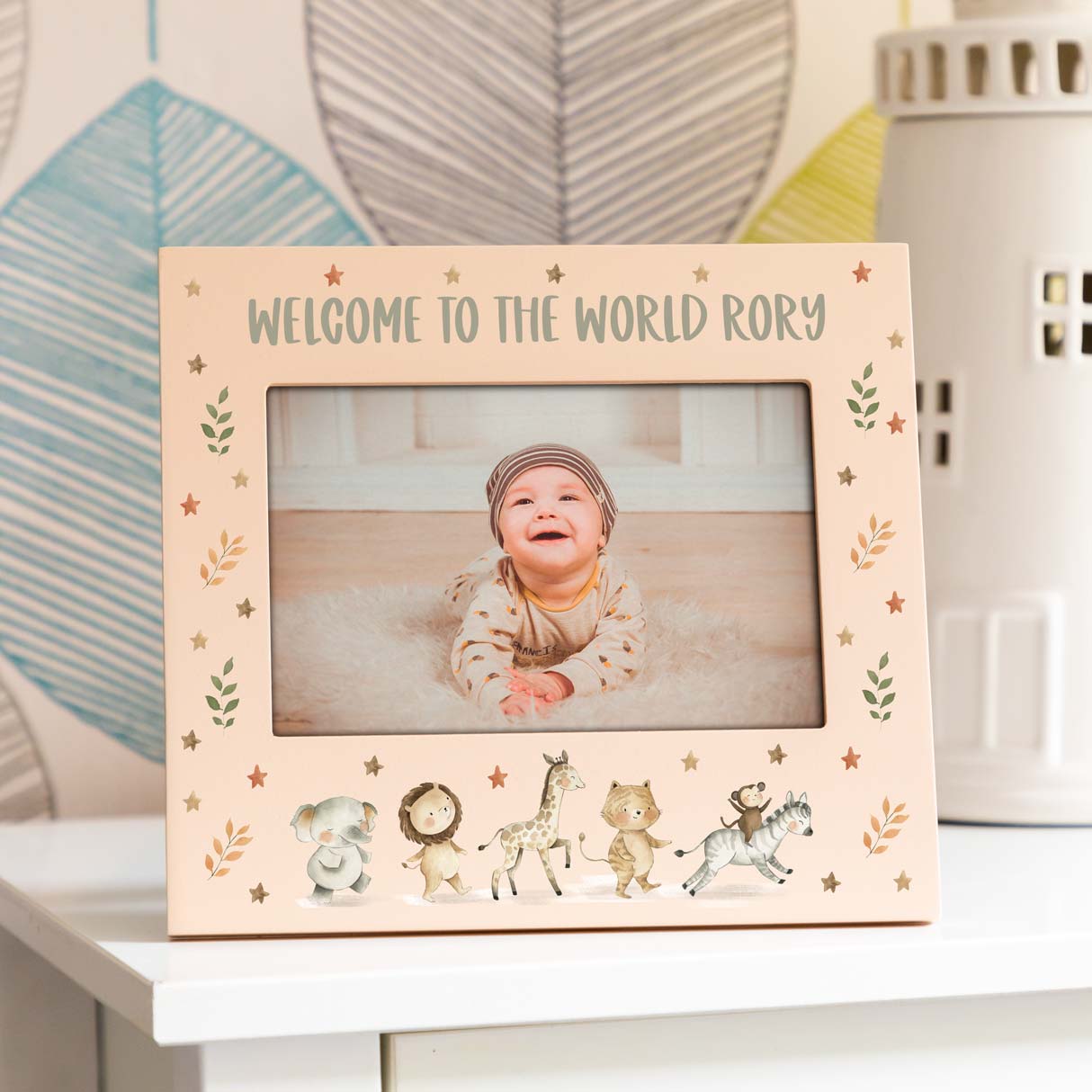 Personalised Safari Animals Pastel Photo Frame New Baby Gift