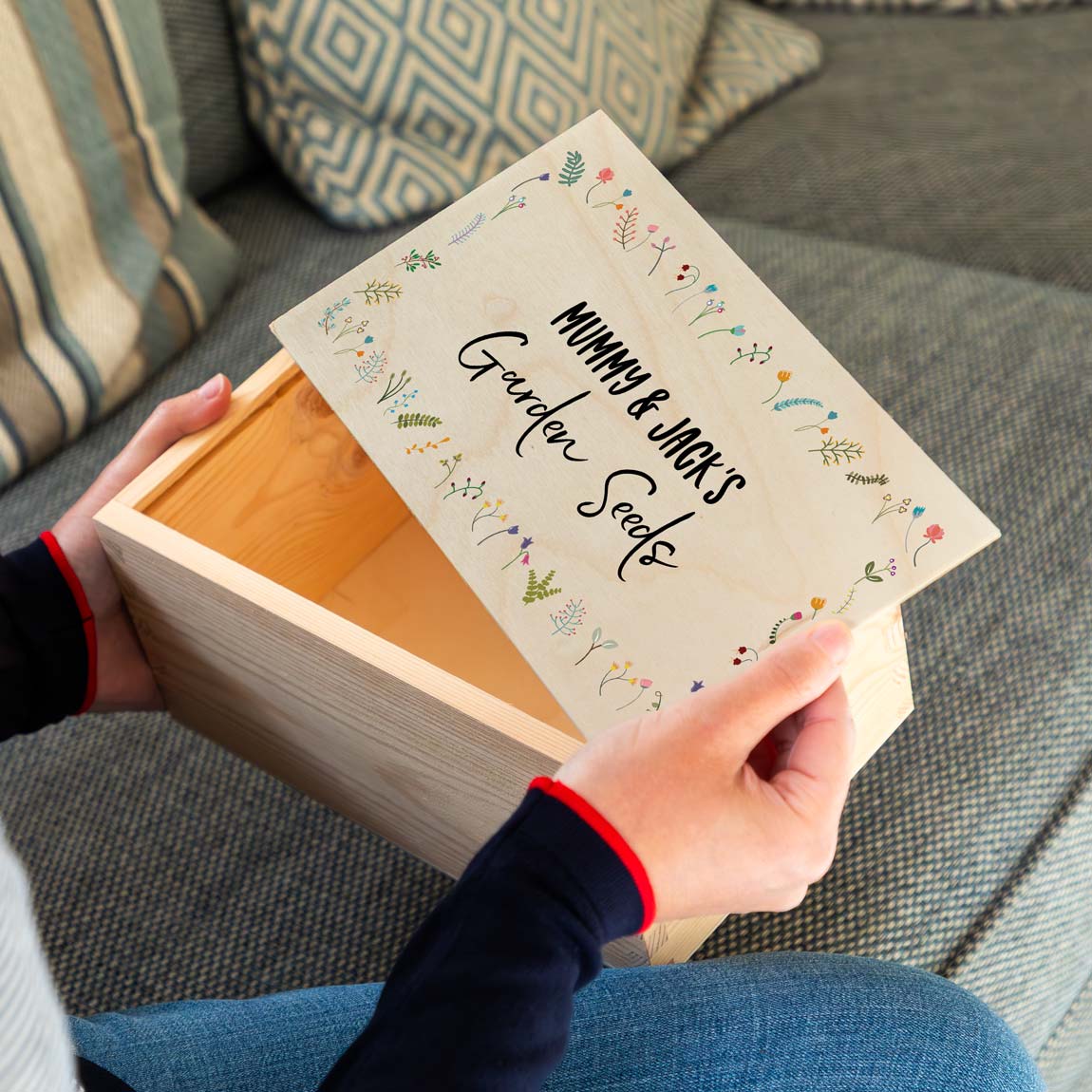 Wooden garden seed box with a colourful wildflower design printed on the lid with personalised text.