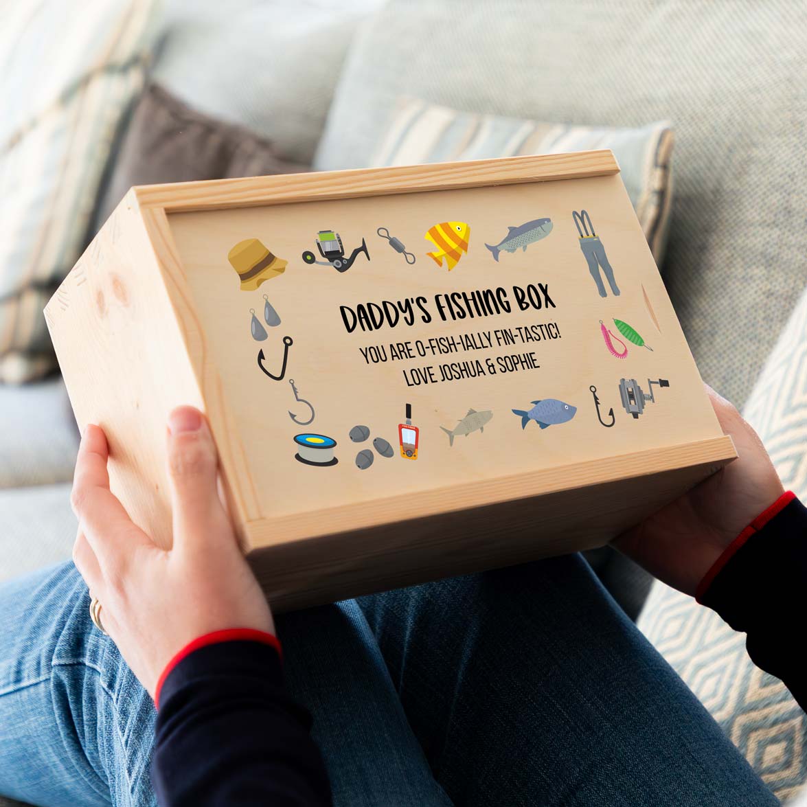 Wooden fishing box printed with 'Daddy's Fishing Box' and fishing-themed illustrations, personalised with any message.