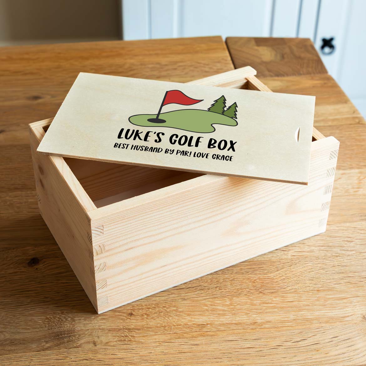 Wooden storage box with a golf-themed design, personalised with any text. 