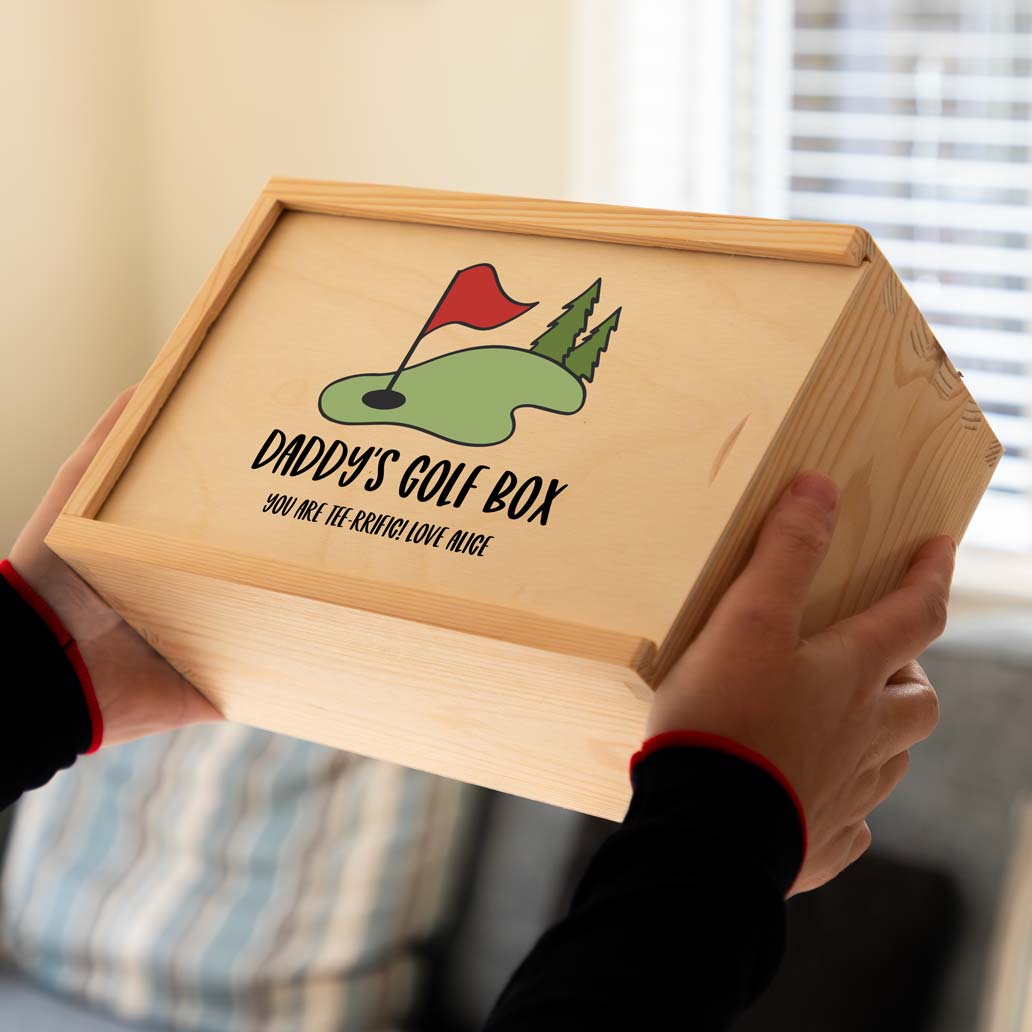 Wooden golf storage box with 'Daddy's Golf Box' design and a personalised message.