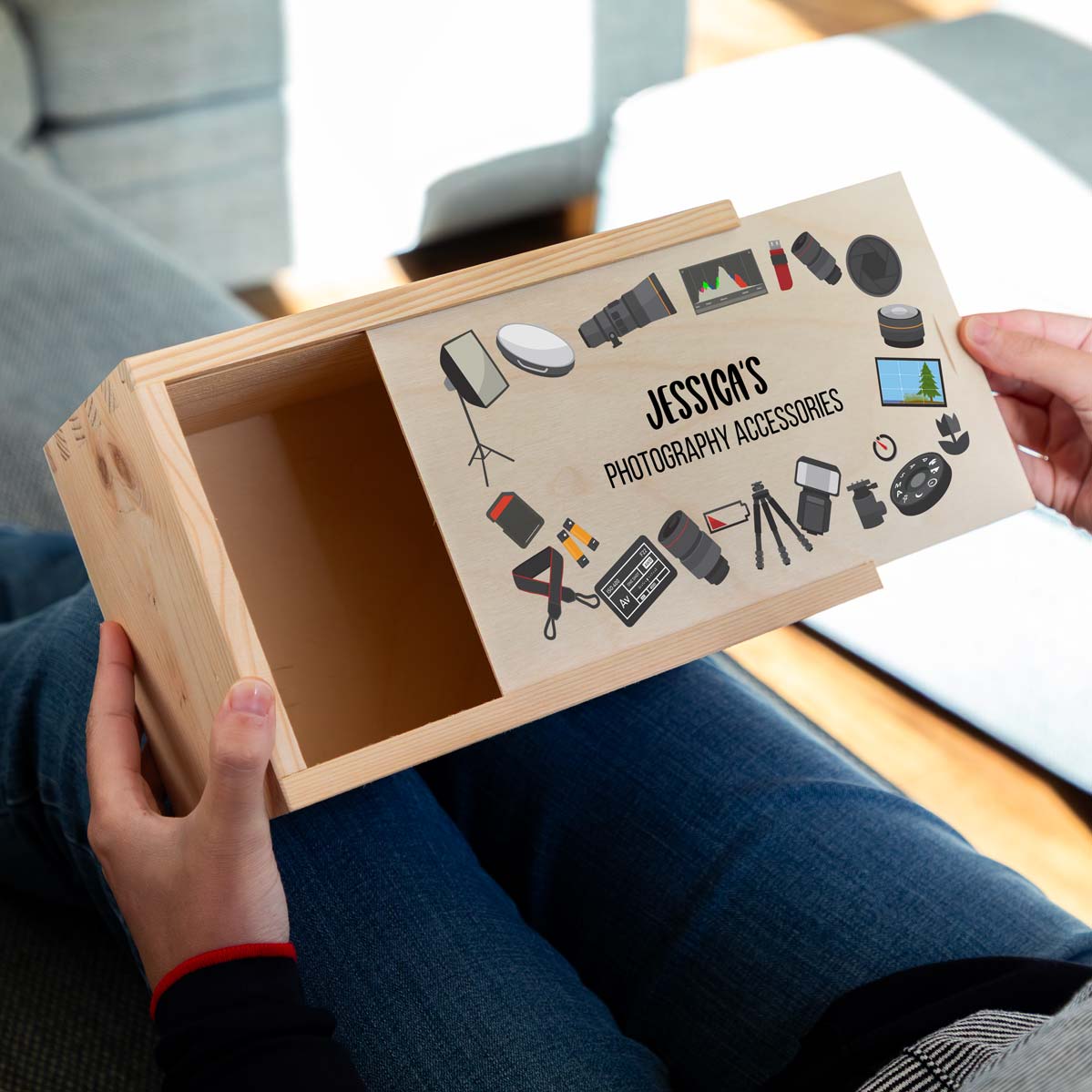 Wooden photography accessories box featuring illustrations and personalised text.