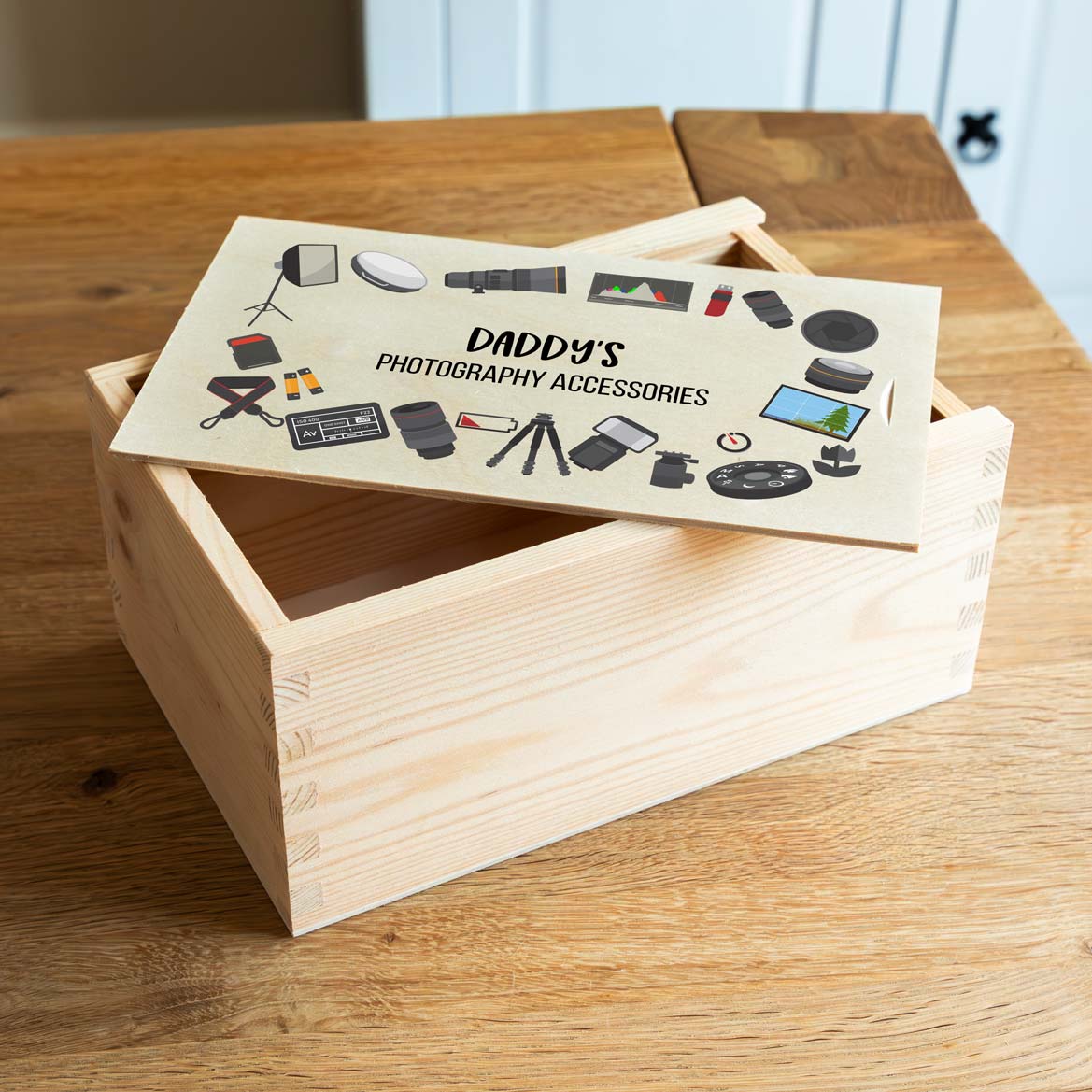 Wooden storage box for photography accessories with personalised name and text.