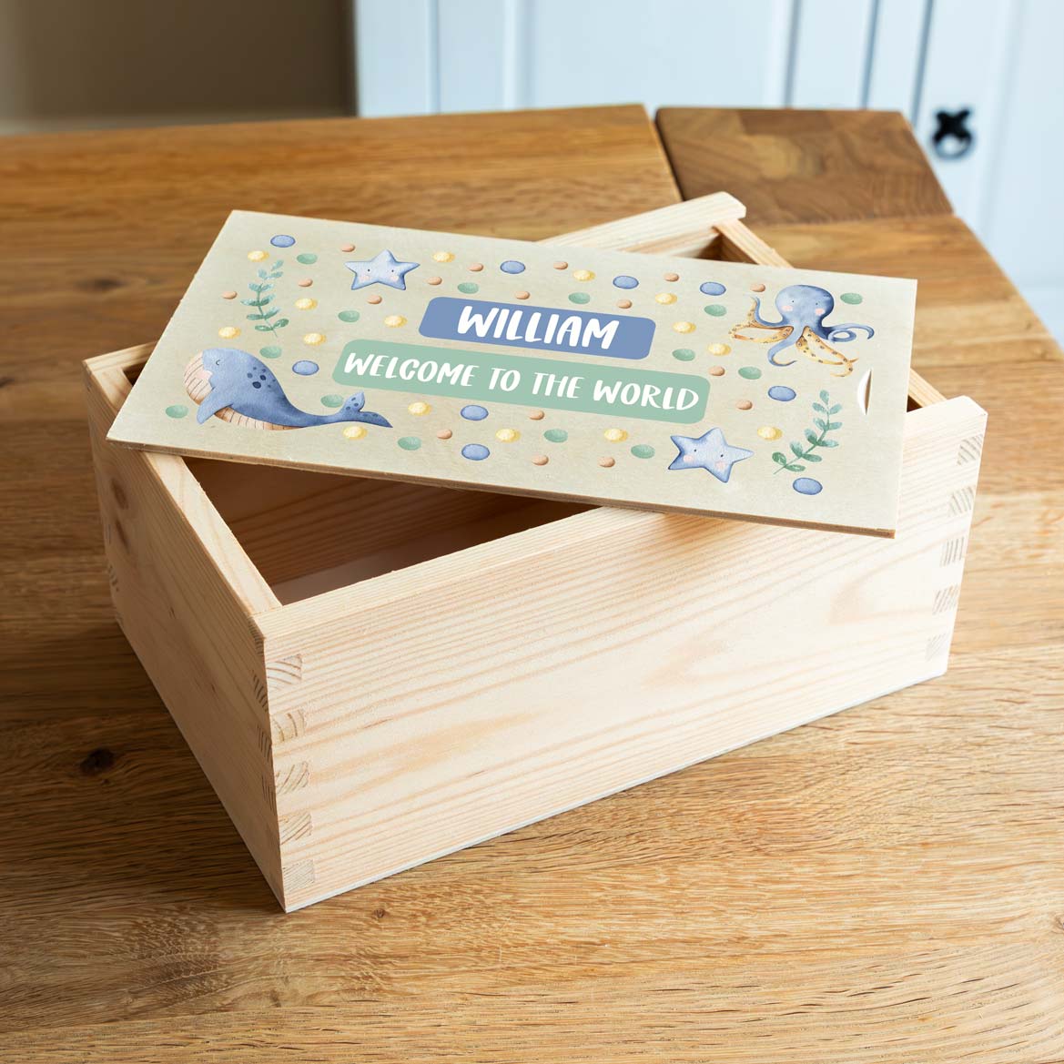 Personalised keepsake box with a sea animals design.