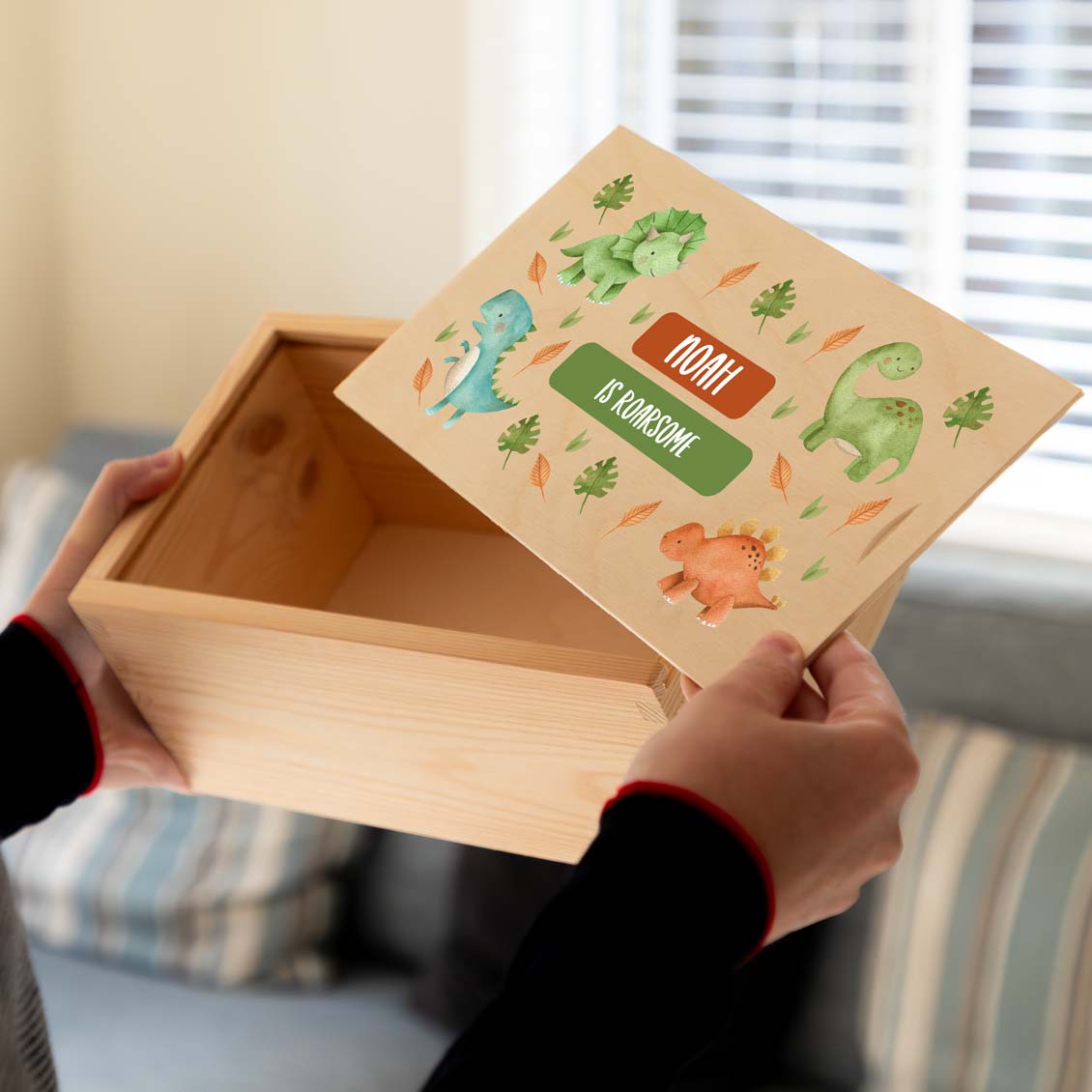 Wooden box with a decorative lid featuring dinosaur illustrations and text, held by a person.
