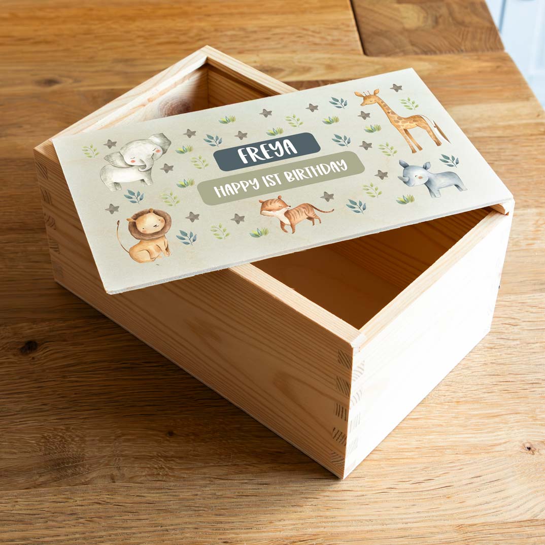Wooden keepsake box with jungle animals design and personalised text for a 1st birthday gift.
