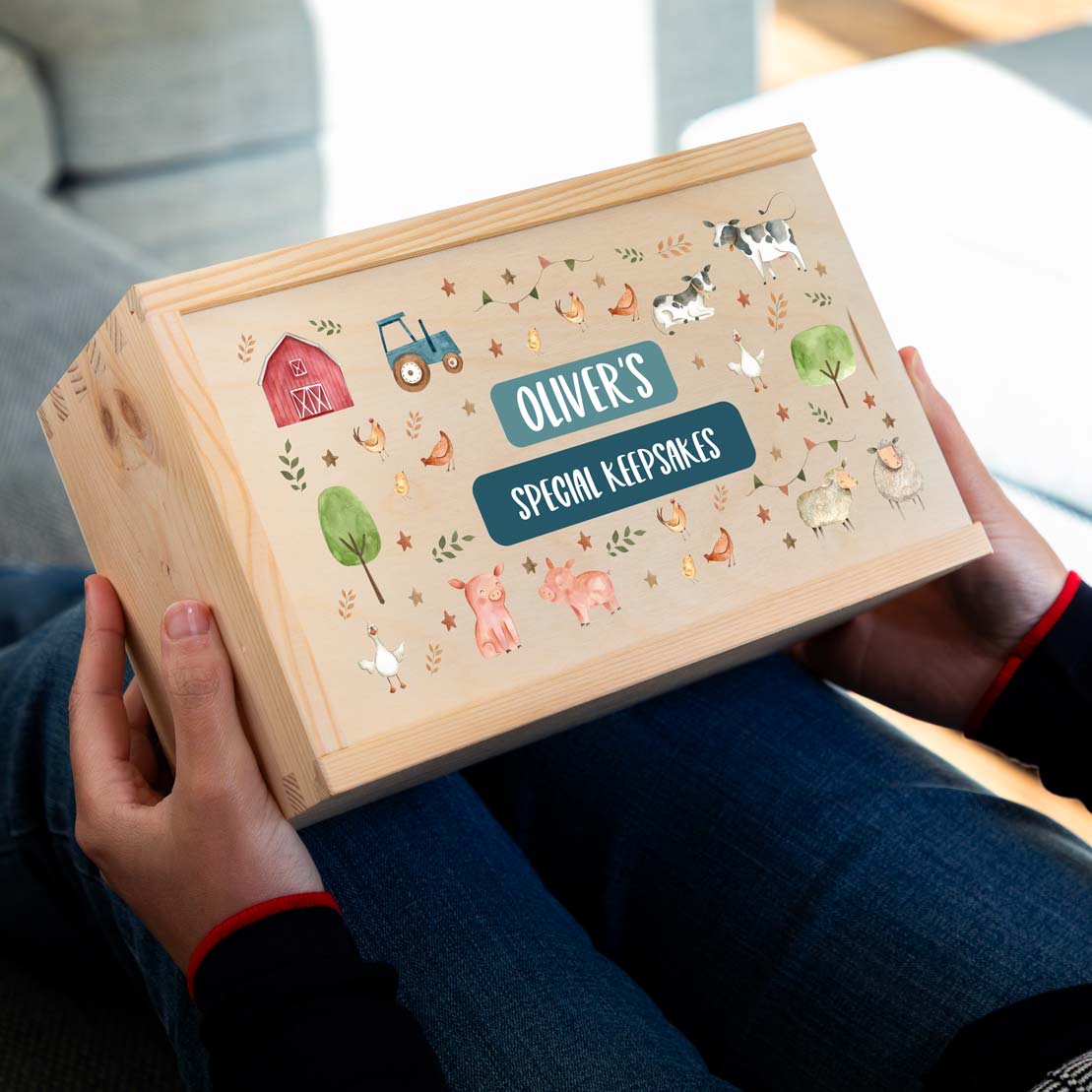 Wooden keepsake box for children with farm animals design and personalised text.