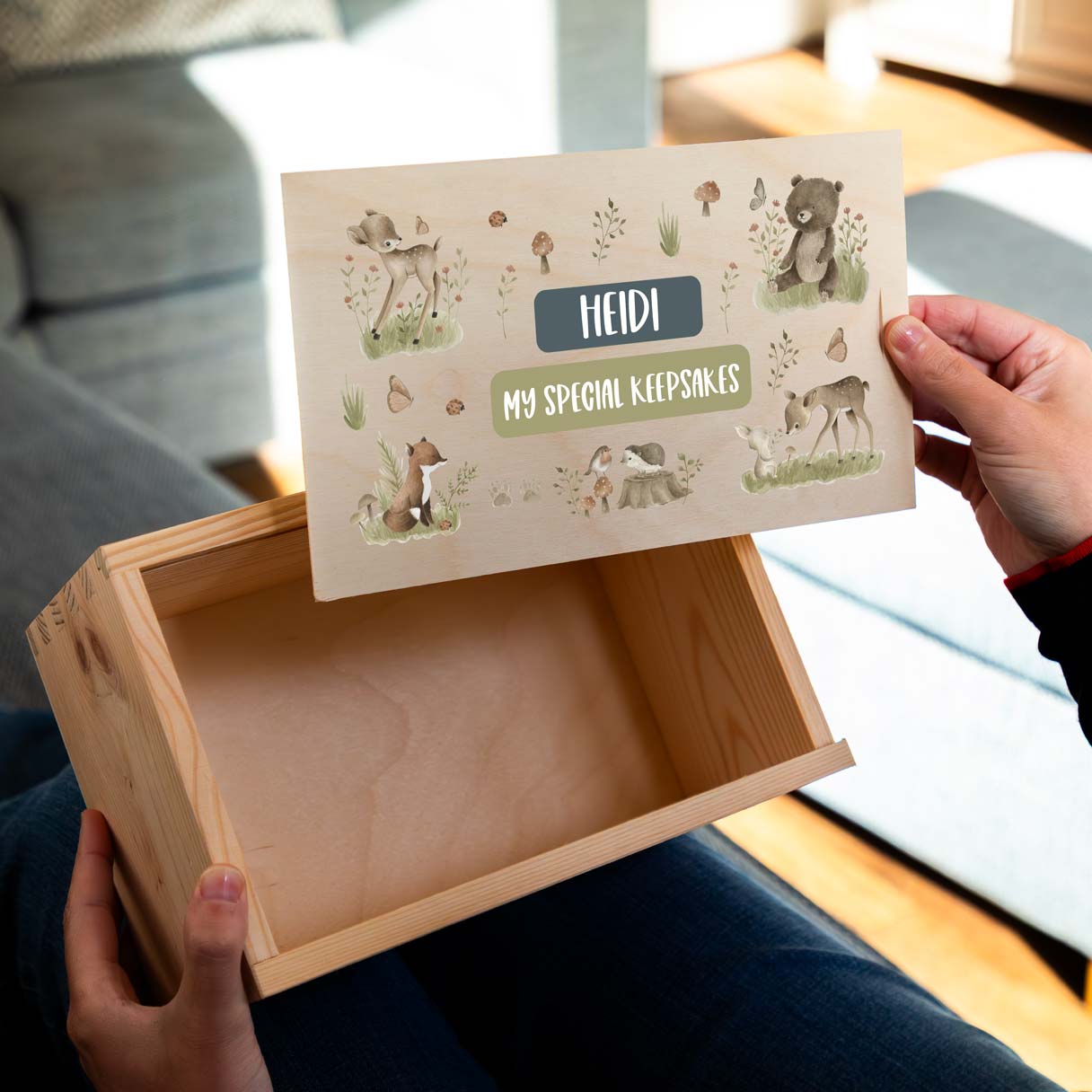 Wooden keepsake box for children with woodland animal design and personalised text.