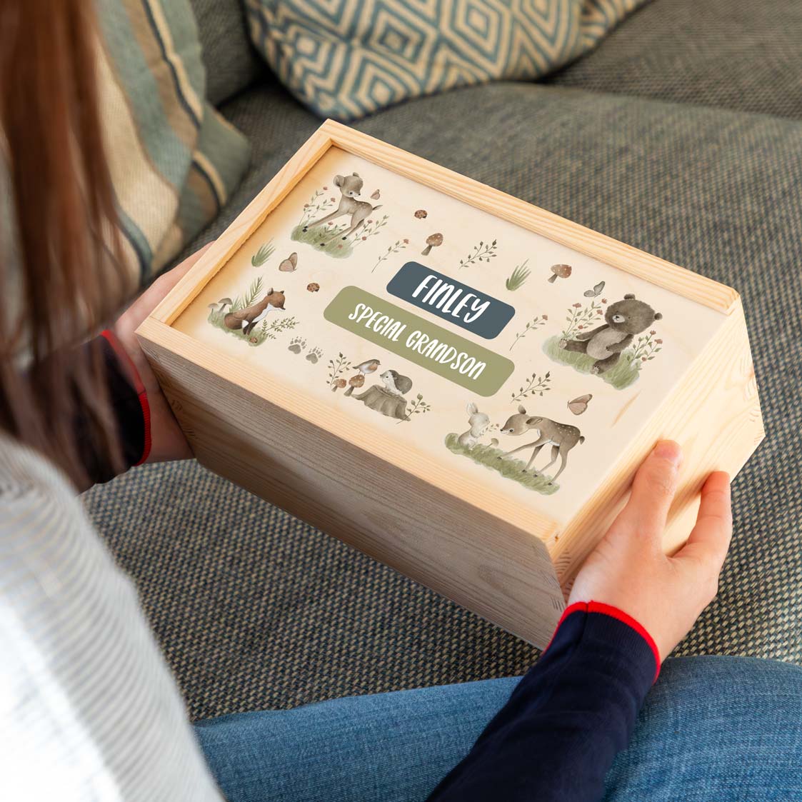 Personalised keepsake box with forest animal illustrations for a special grandson.