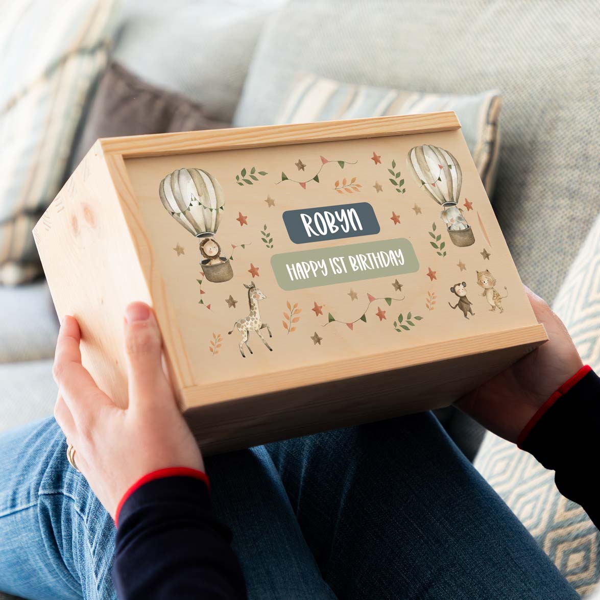 Wooden keepsake box for 1st birthday gift that features a safari animal design and personalised text.