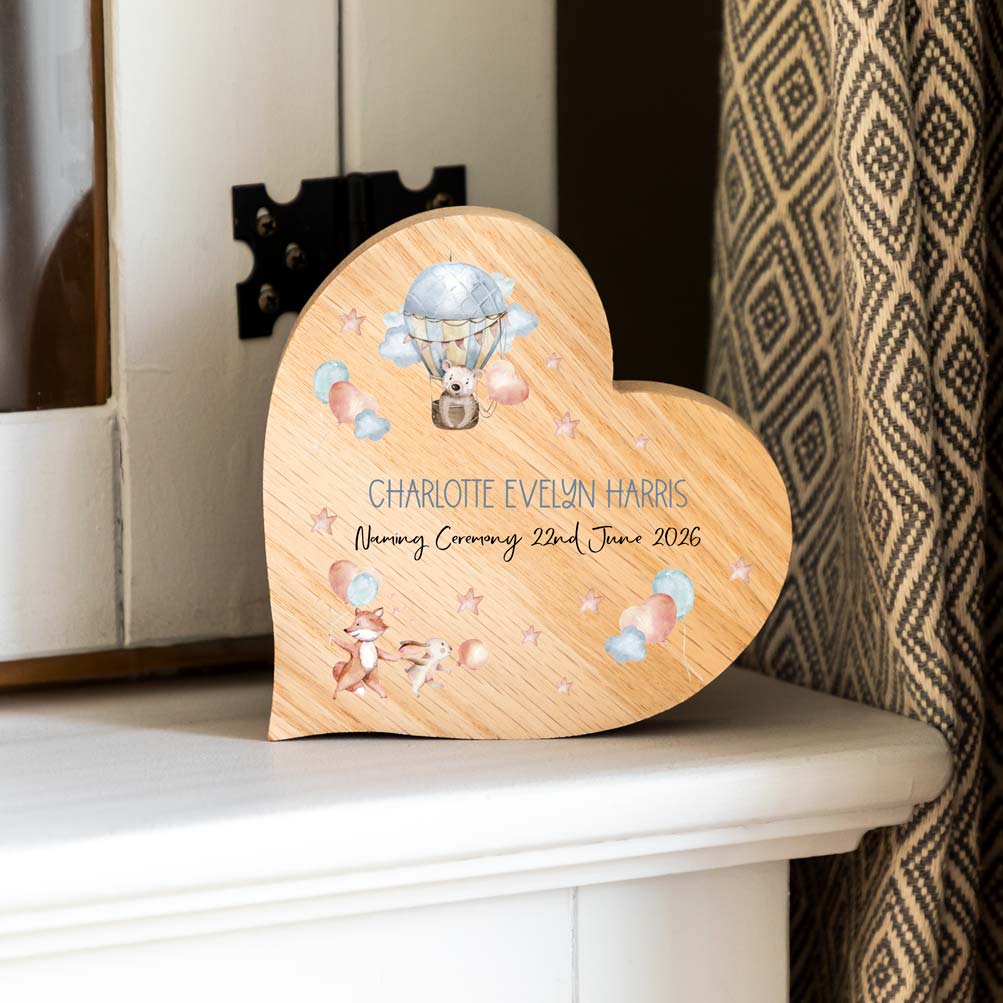 Personalised Oak Heart With Woodland Animals For Christening Baptism Gift