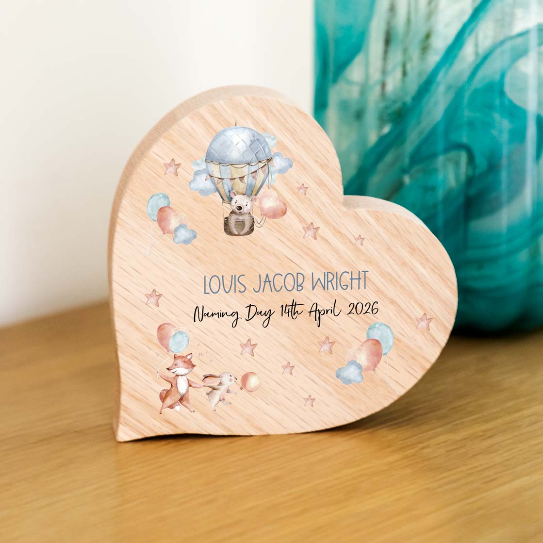 Personalised Oak Heart With Woodland Animals For Christening Baptism Gift