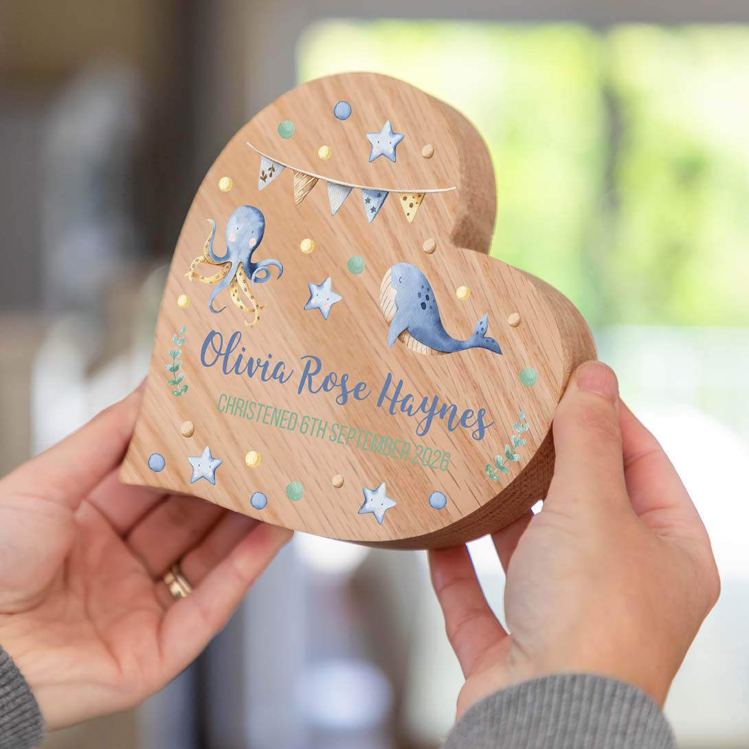 Personalised Oak Heart Under The Sea Christening Baptism Gift