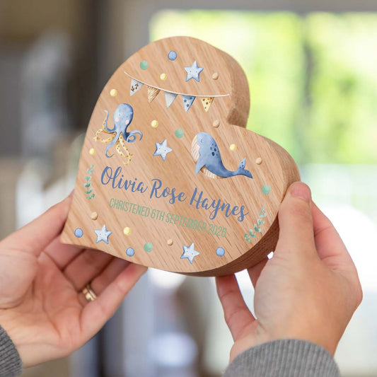 Personalised Oak Heart Under The Sea Christening Baptism Gift
