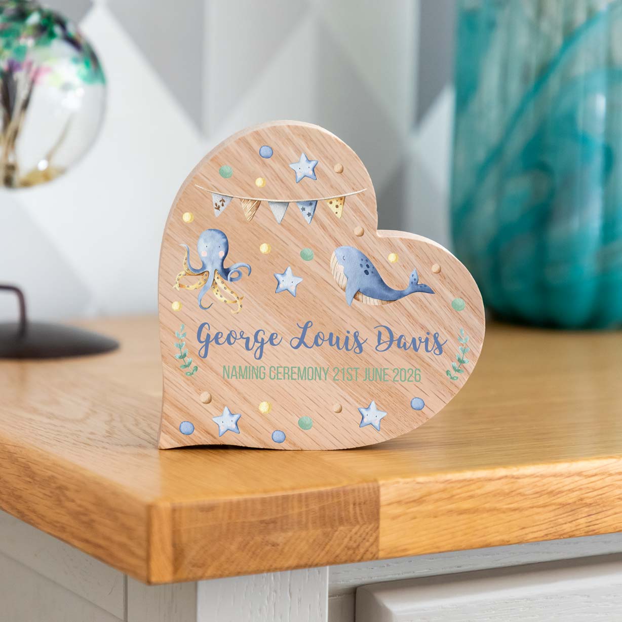 Personalised Oak Heart Under The Sea Christening Baptism Gift