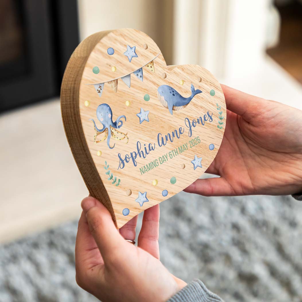 Personalised Oak Heart Under The Sea Christening Baptism Gift