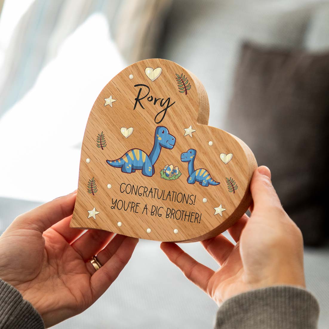 Personalised Oak Heart Dinosaur Congratulations You're A Big Brother Gift