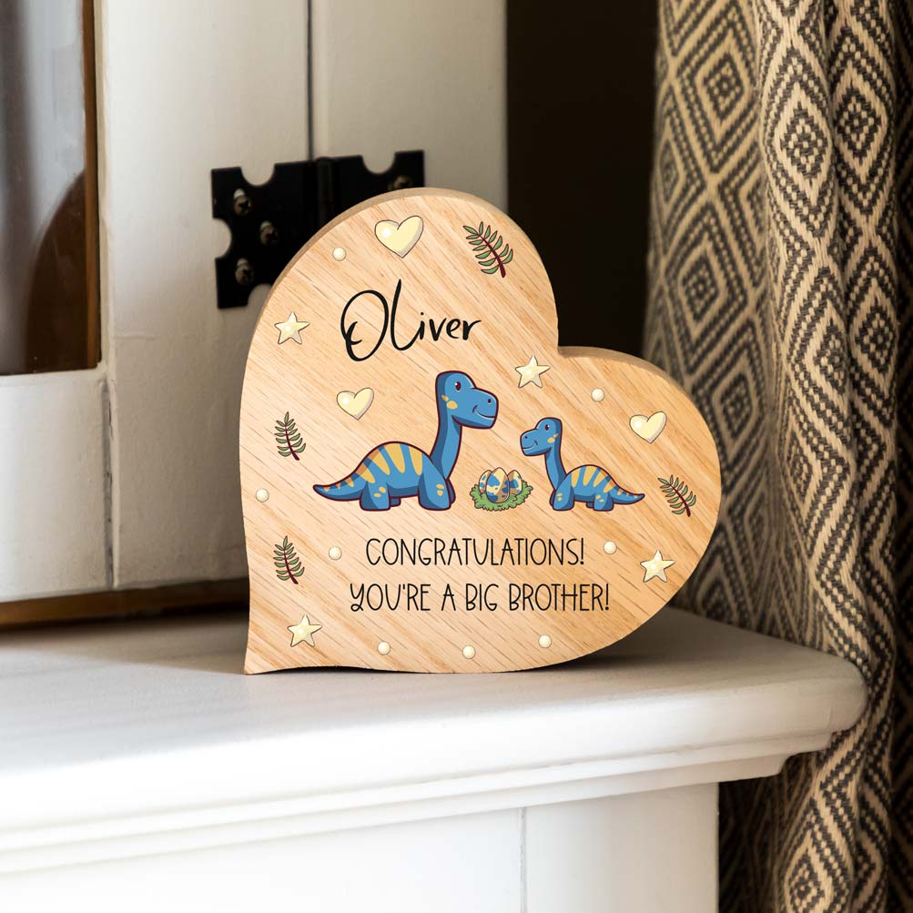 Personalised Oak Heart Dinosaur Congratulations You're A Big Brother Gift