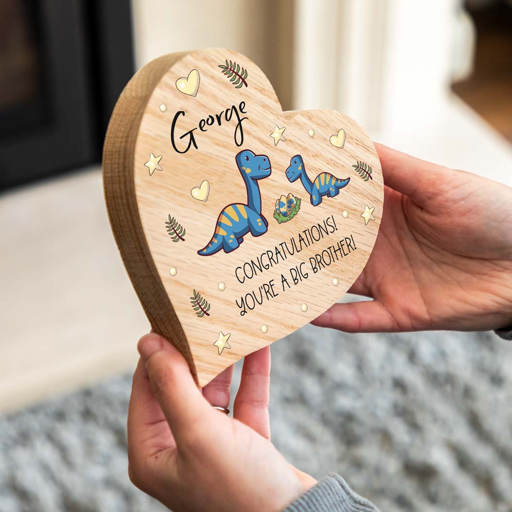 Personalised Oak Heart Dinosaur Congratulations You're A Big Brother Gift