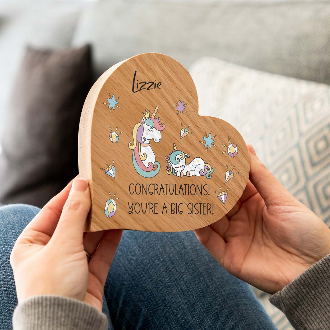 Personalised Oak Heart Unicorn Congratulations You're A Big Sister Gift