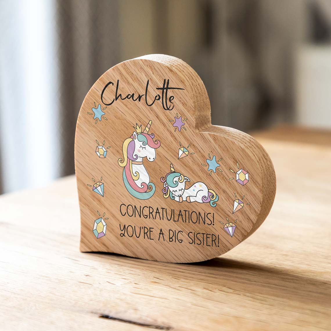 Personalised Oak Heart Unicorn Congratulations You're A Big Sister Gift