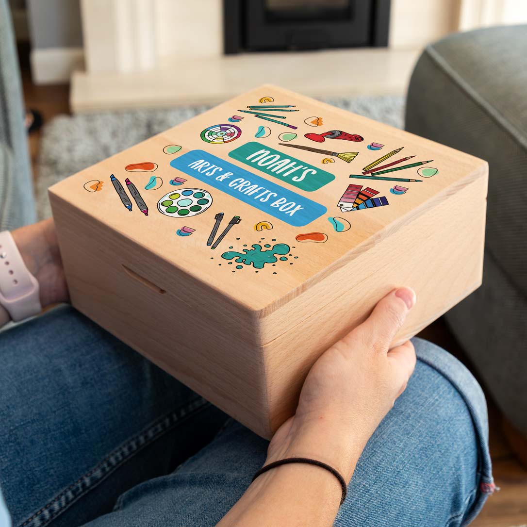 Personalised Square Beech Box For Arts and Crafts