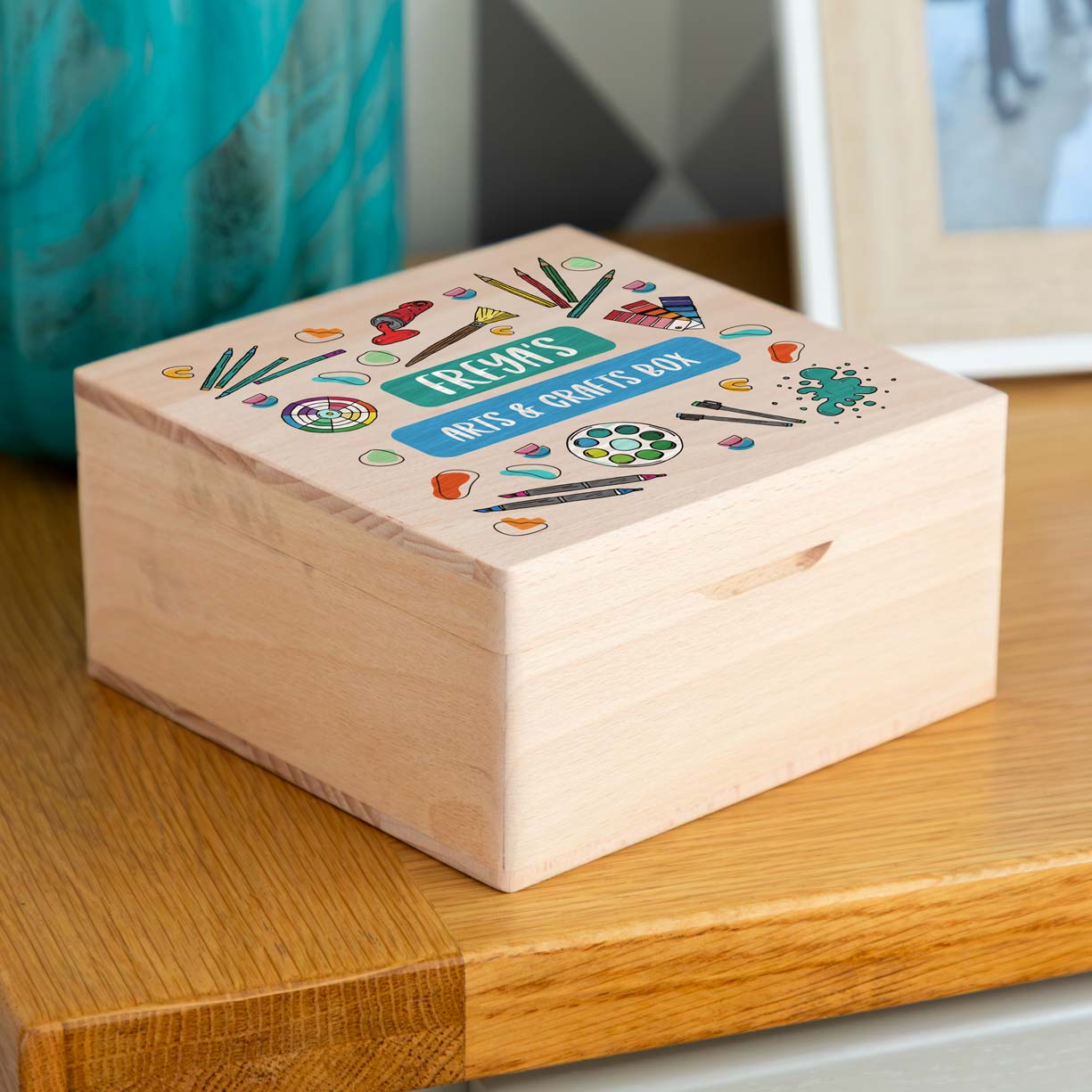 Personalised Square Beech Box For Arts and Crafts