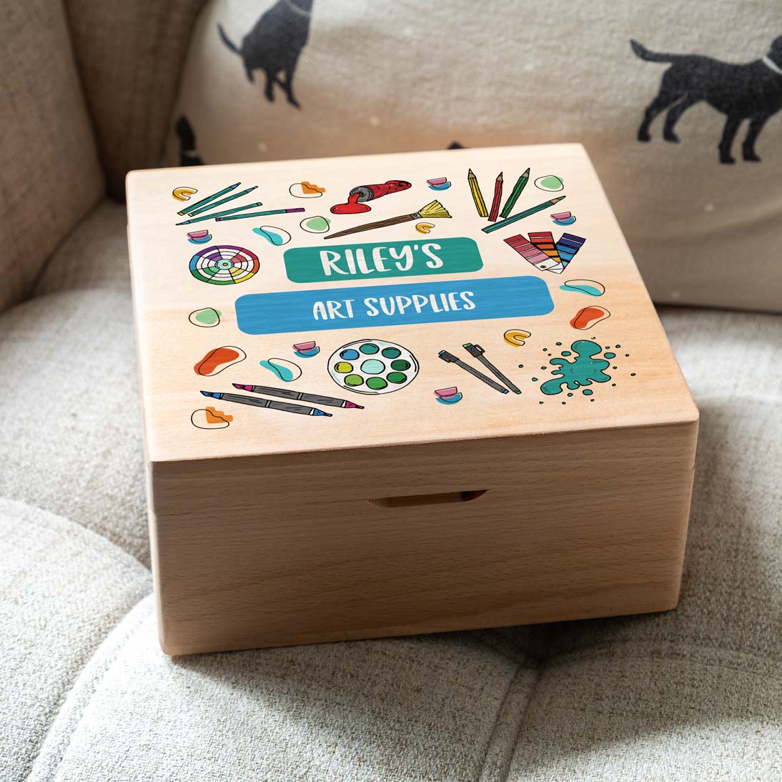 Personalised Square Beech Box For Arts and Crafts