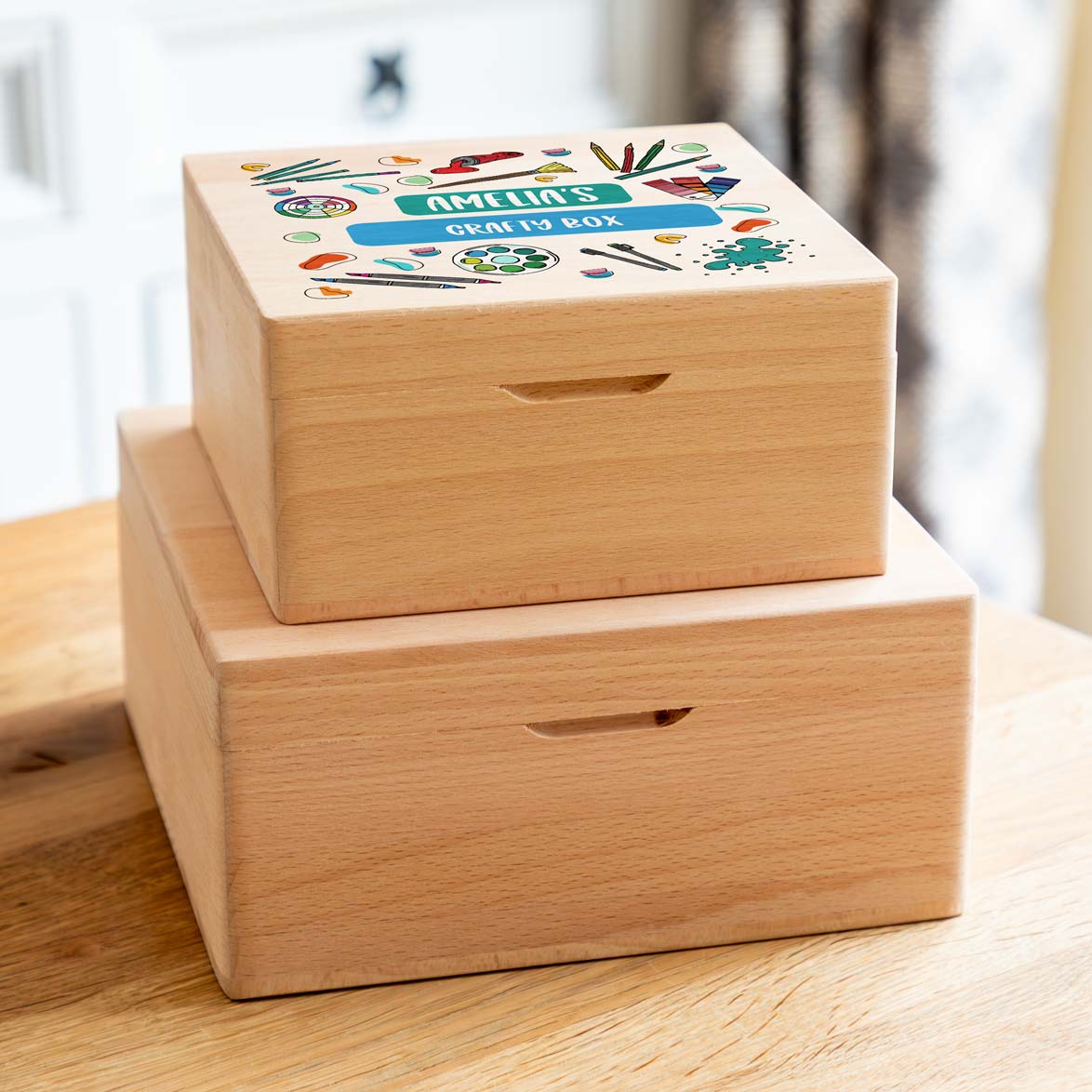 Personalised Square Beech Box For Arts and Crafts