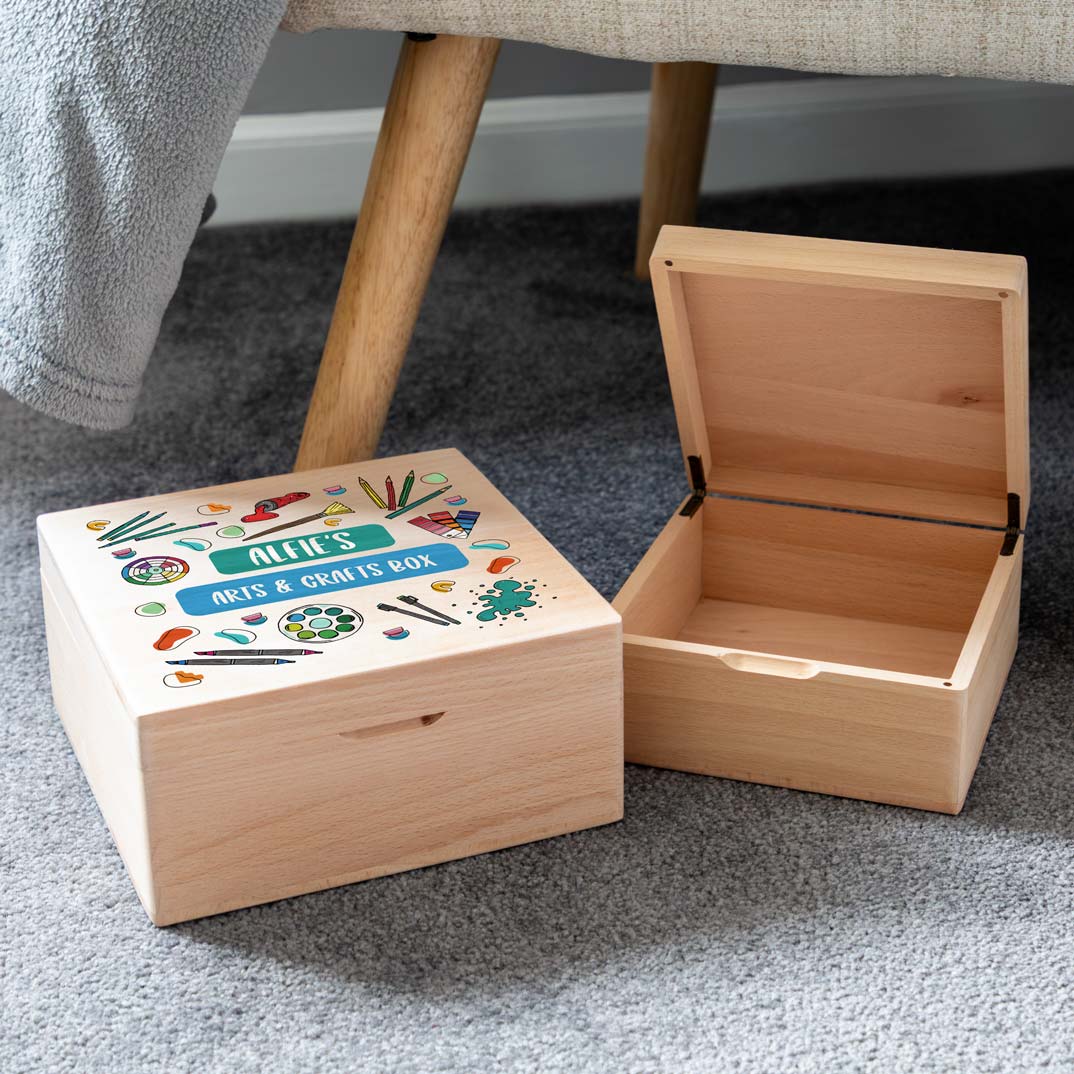 Personalised Square Beech Box For Arts and Crafts