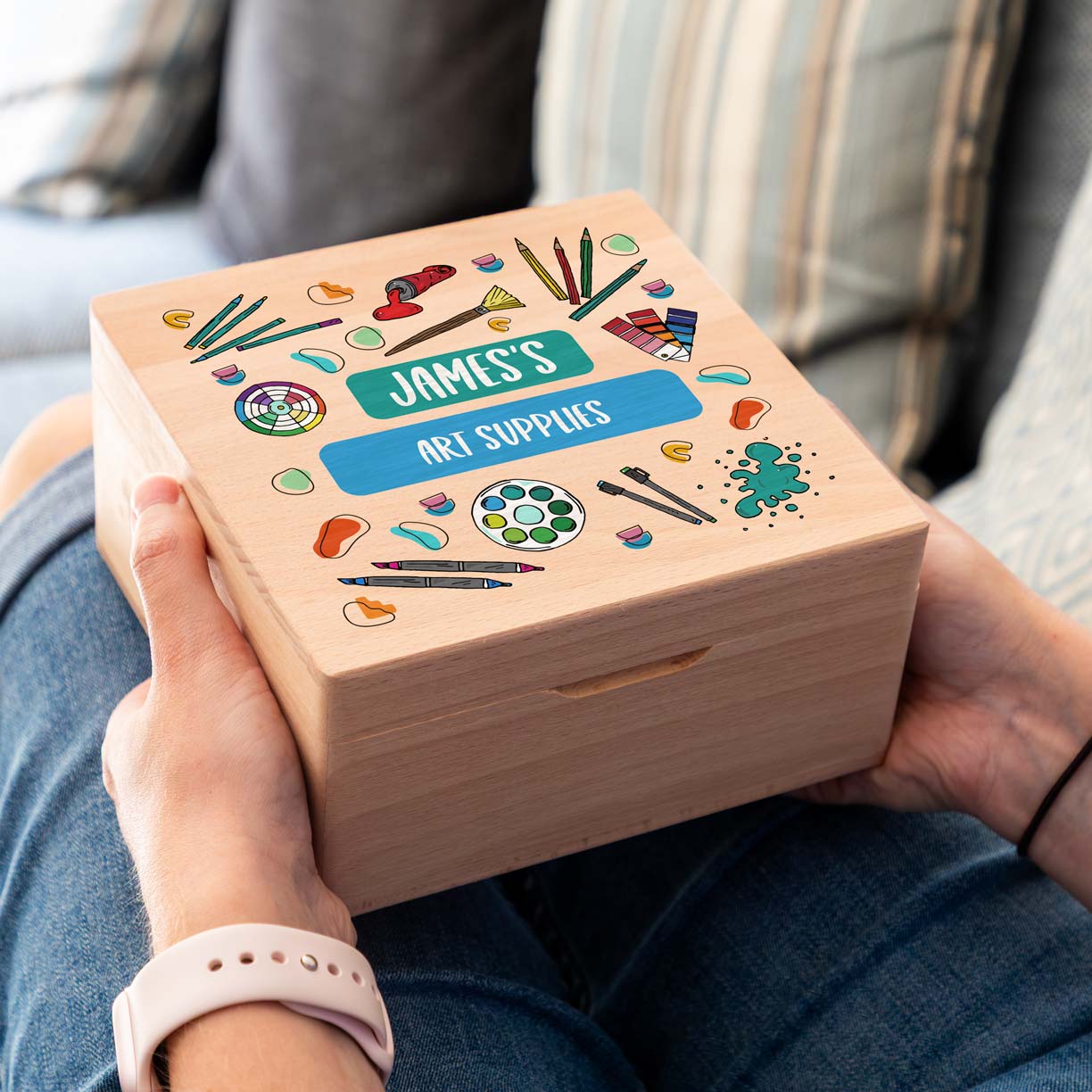 Personalised Square Beech Box For Arts and Crafts