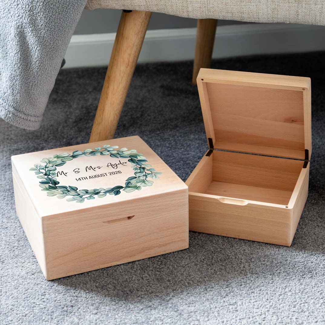 Personalised Eucalyptus Wedding Keepsake Box Gift For Couple