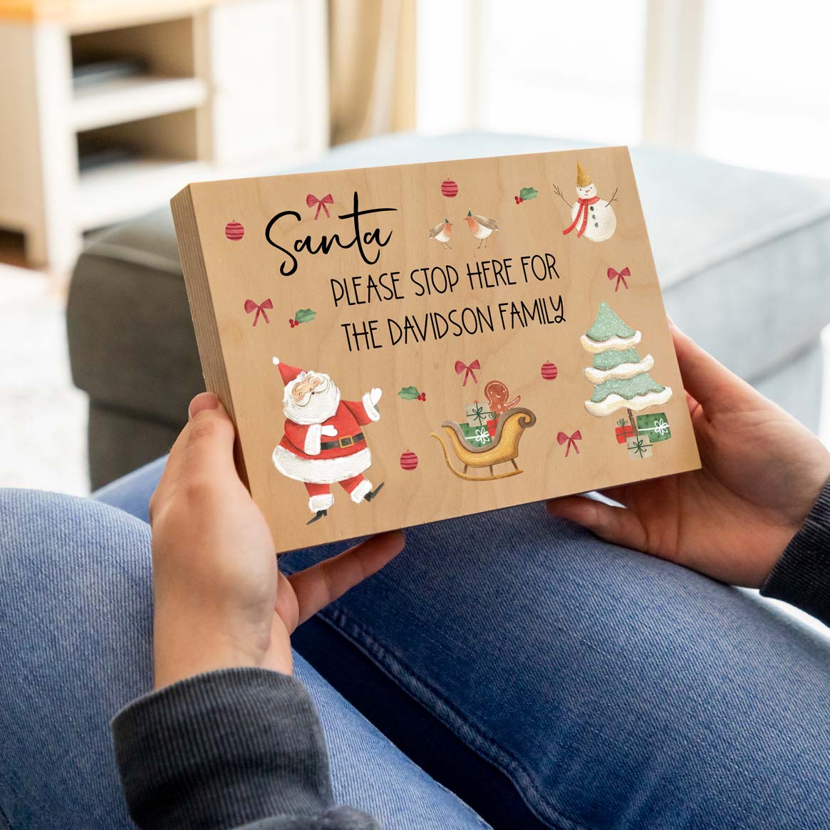 Personalised Santa Please Stop Here Wood Block Sign