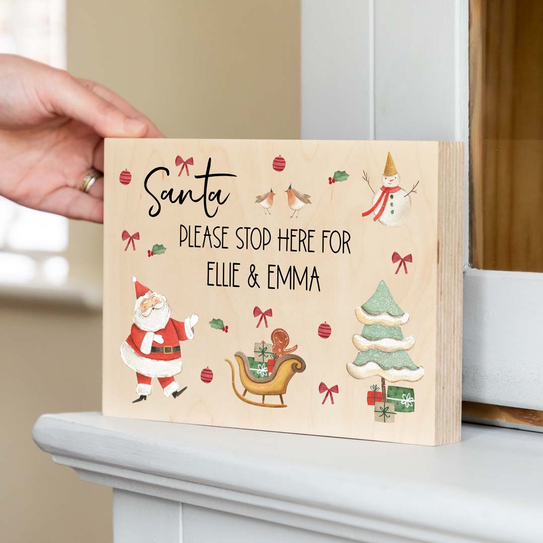Personalised Santa Please Stop Here Wood Block Sign