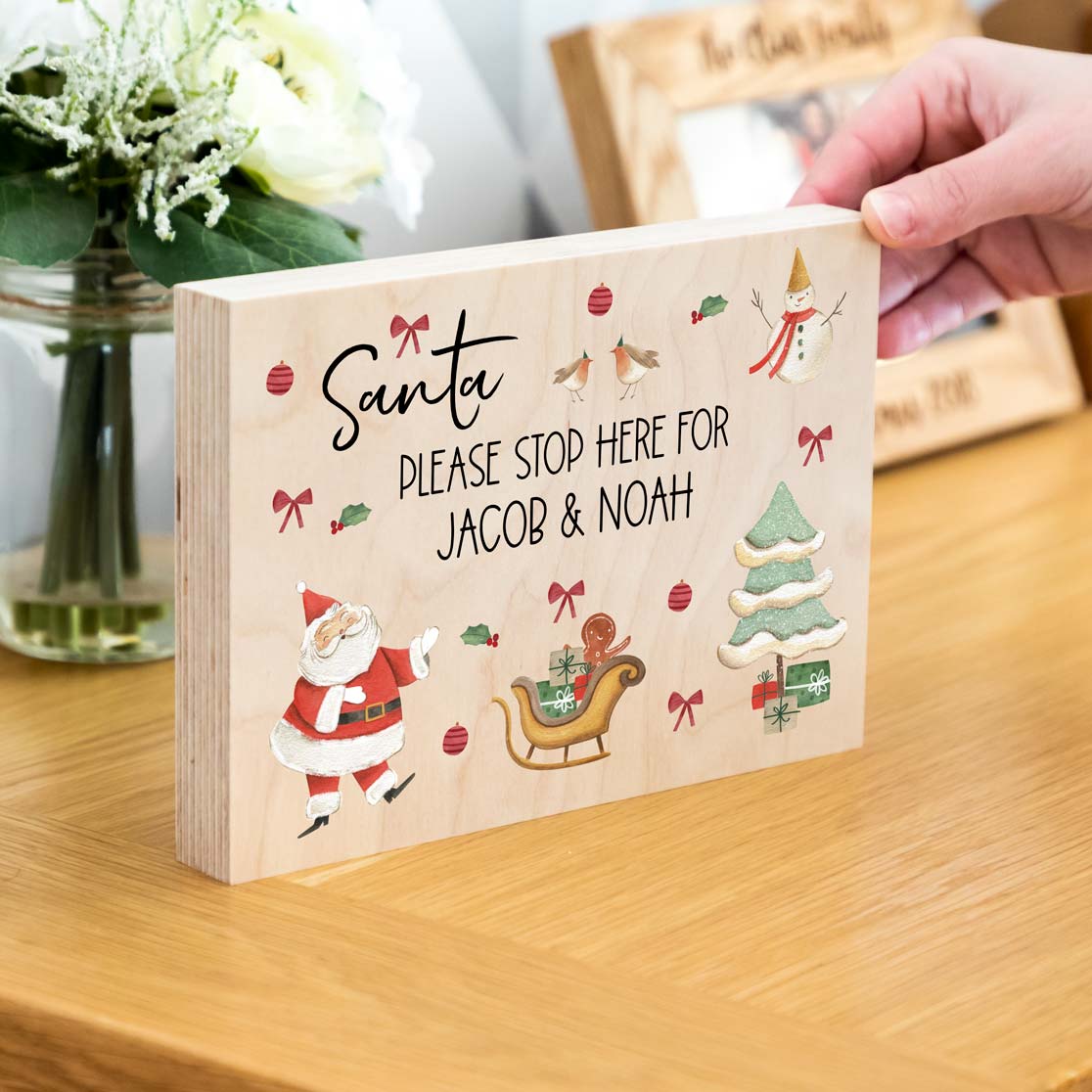 Personalised Santa Please Stop Here Wood Block Sign
