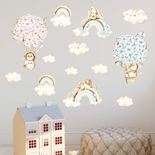 Floral Bunnies Clouds and Rainbows Wall Sticker Set
